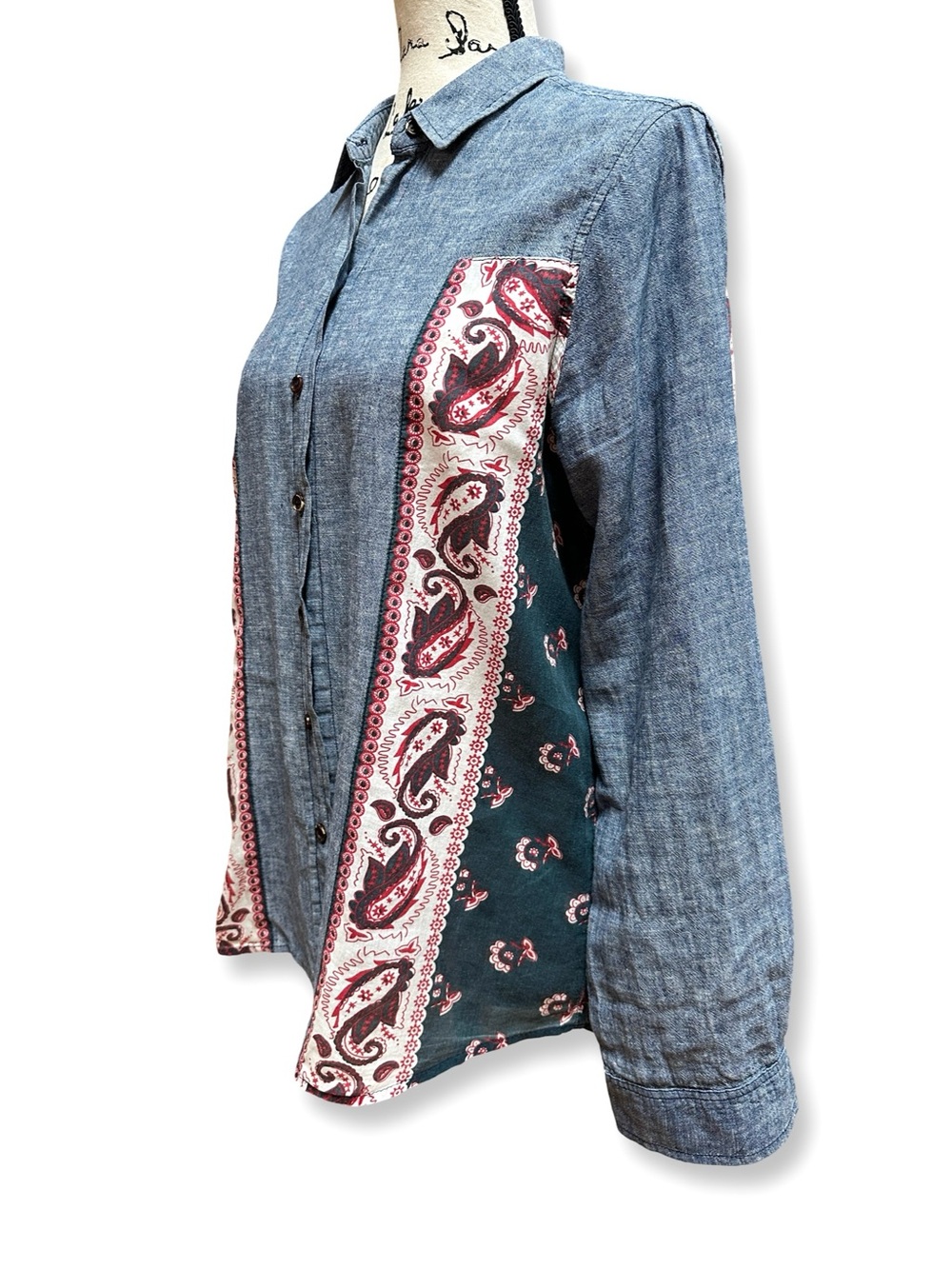 SUITEBLANCO Women’s Denim Boho Button Down Shirt Size XL Paisley